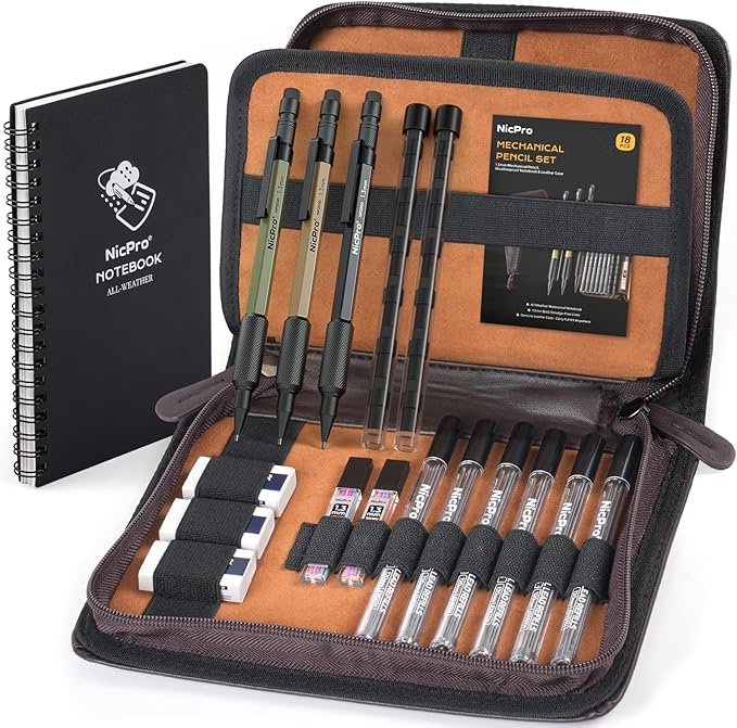 Nicpro 1.3mm Mechanical Pencil Set in Leather Bag with Waterproof Field Notebooks 3PCS Metal Heavy Duty Carpenter Pencil with Lead Refill &amp Eraser for Outdoor Journal Travel Drafting Drawing
