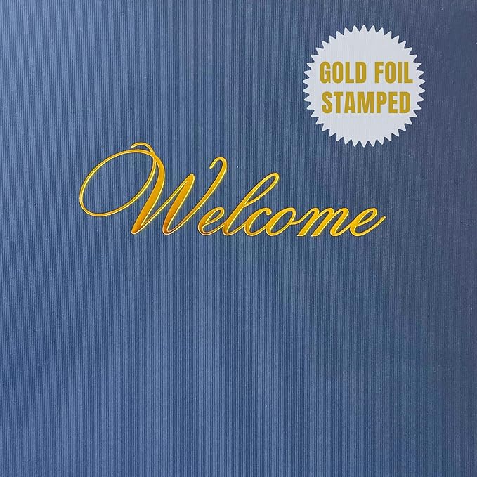 Welcome Packet Folders Dark Blue Linen Full Size with Two Pockets | 25 pk 9x12” Gold Foil Membership Church Team New Hire Visitors Business Card Insert HR Professional