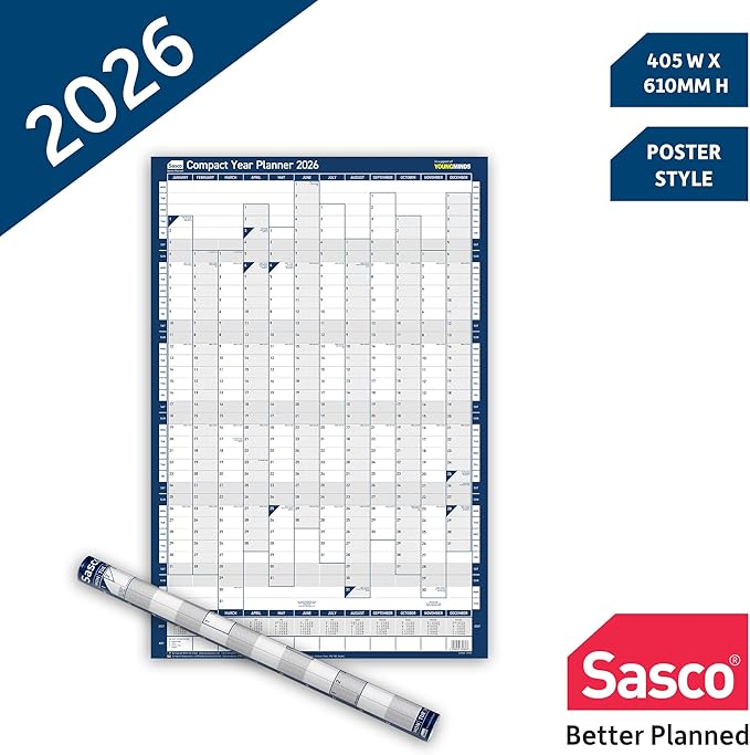 Sasco 2026 Compact Wall Planner – Portrait Year Calendar with Wet Wipe Pen &amp Stickers 40.5x61cm Blue – Calendar 2026 UK &amp ROI Holidays Marked – Convenient for Home or Study Areas
