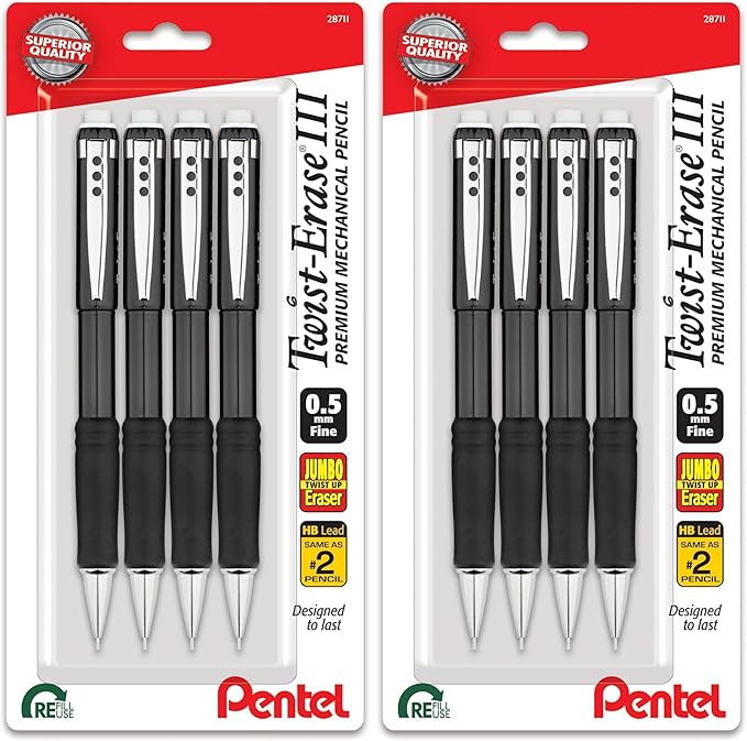 Pentel Twist-Erase III Mechanical Pencil (0.5mm) Fine Line Black Barrel Pack of 8 (QE515BP4A)