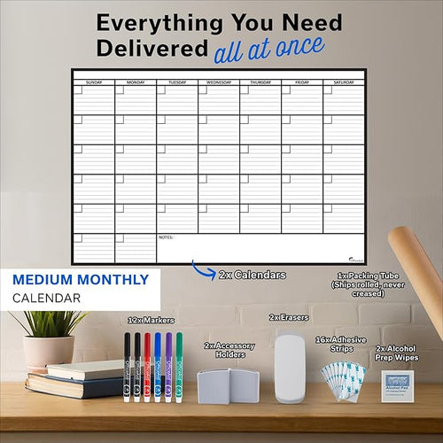 (2 PK) Large Dry Erase Calendar for Wall 24x36 Large Wall Calendar Dry Erase Big White Board for Office Home &amp School Giant Erasable Whiteboard Jumbo Monthly Undated Reusable White Board Pla