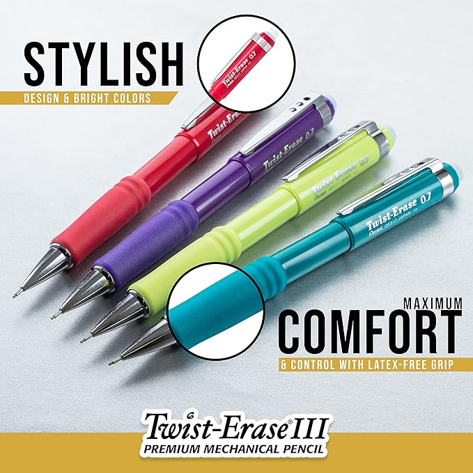 Pentel Twist-Erase III Mechanical Pencil (0.5mm) Fine Line Black Barrel Pack of 8 (QE515BP4A)