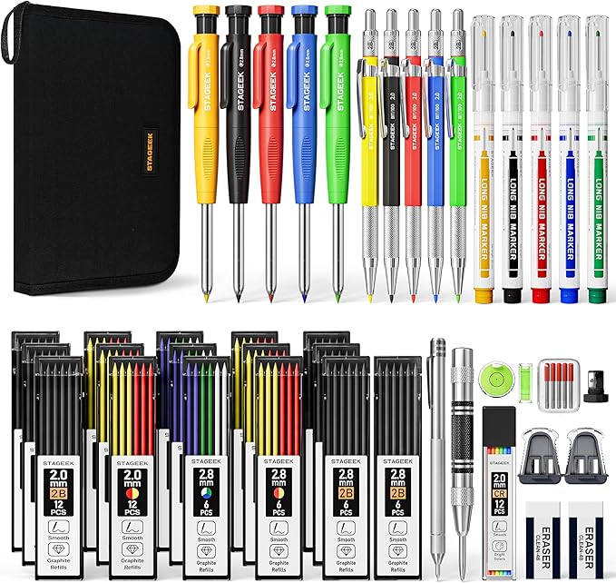 49 Pack Carpenter Pencil Set with Sharpener Carpenter Pencils with Deep Hole Long-Nib Marker Pens Carbide Scribe Tool &amp Construction Pencil for Architect Woodworking with Case
