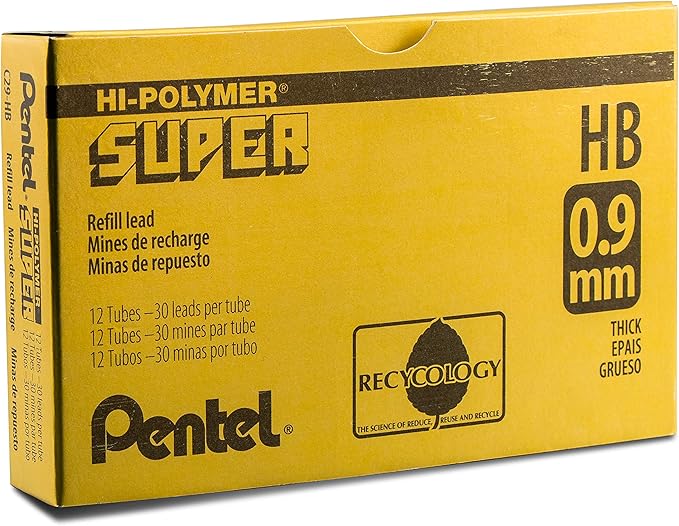 Pentel Super Hi-Polymer Lead 0.9mm Medium HB 30 Pieces/Tube Box of 12 (C29-HB)