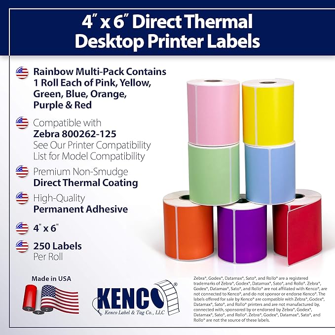 4 X 6 Direct Thermal Perforated Stickers Labels for Shipping Labels Inventory and Color Coding - Compatible with Zebra Rollo Godex and More (Rainbow Pack 7 Rolls)