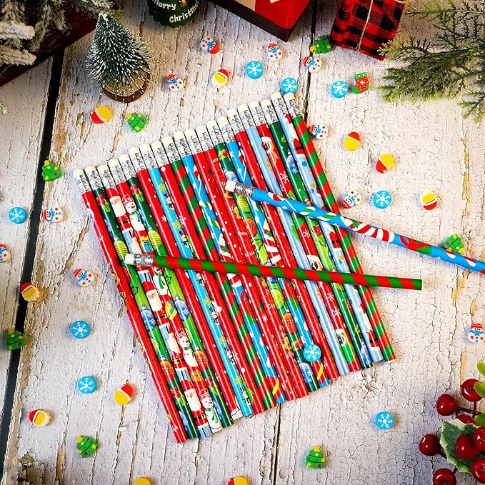 Cholemy 400 Pack Christmas Pencils Mini Pencil Erasers Set200 Pcs Christmas Wood Pencils and 200 Pcs Tiny Erasers for Xmas Holiday Office Prize Party Favors